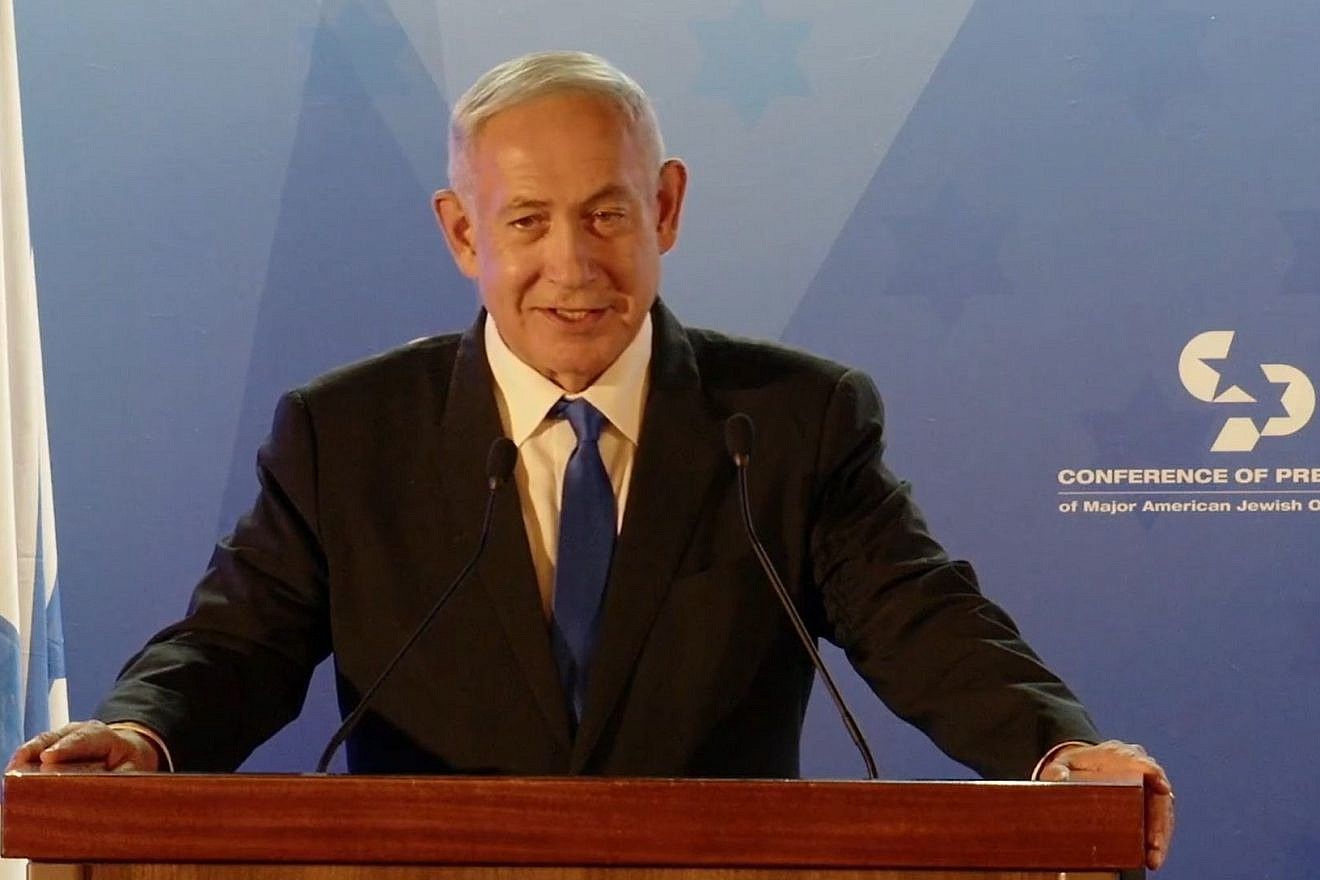 Israeli Prime Minister Benjamin Netanyahu addresses the National Leadership Mission of the Conference of Presidents of Major American Jewish Organizations in Jerusalem, Feb. 19, 2023. Source: Screenshot.