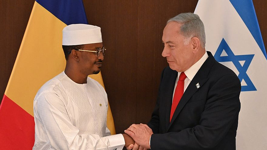 Israeli Prime Minister Benjamin Netanyahu (right) meets with Chadian President Mahamat Idriss Deby Itno in Jerusalem, Israel, Feb. 1, 2023. Credit: Kobi Gideon/GPO.