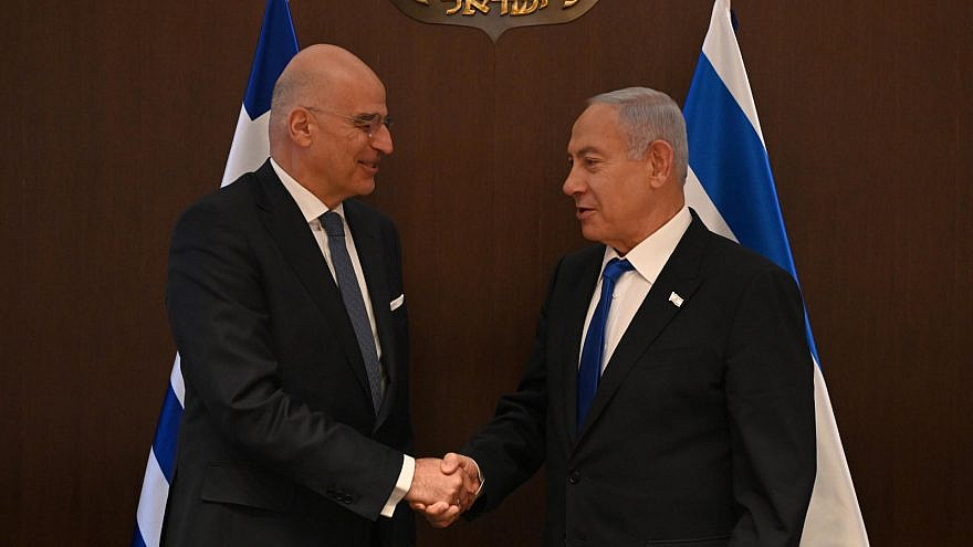 Israeli Prime Minister Benjamin Netanyahu meets with Greek Foreign Minister Nikos Dendias in Jerusalem, Israel, Jan. 31, 2023. Credit: Haim Zach/GPO.