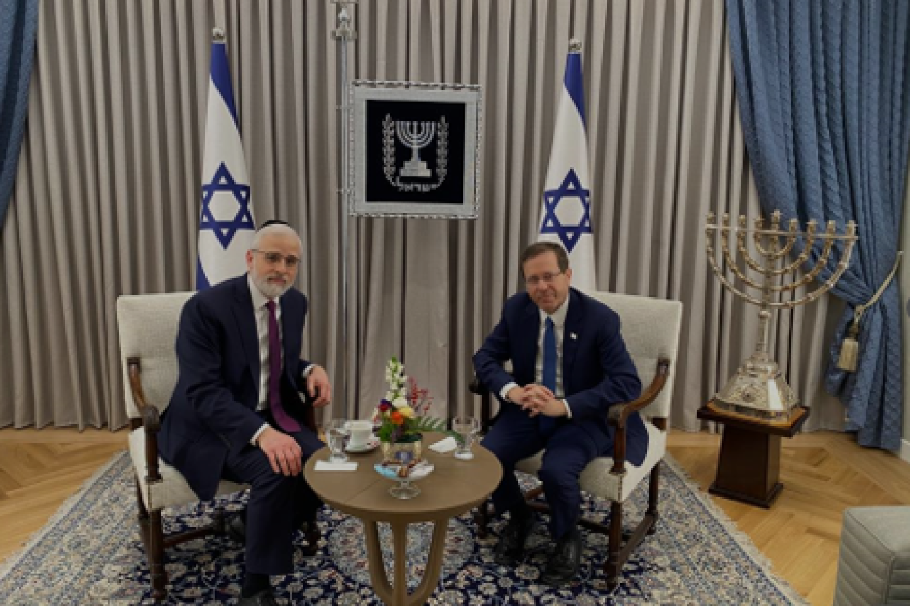 Left to right: OU Executive Vice President Rabbi Moshe Hauer and Israeli President Isaac Herzog at the president’s official residence in Jerusalem