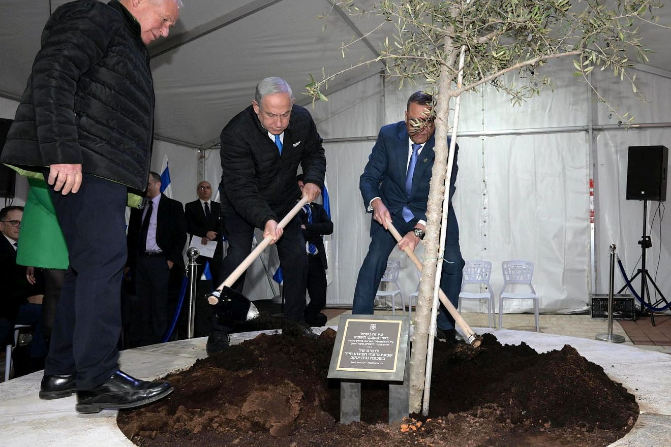 Israeli Prime Minister Benjamin Netanyahu leads a tree-planting ceremony in honor of Tu Bishvat in the Neve Ya'akov neighborhood of Jerusalem, Feb. 6, 2023. Credit: Amos Ben-Gershom/GPO.