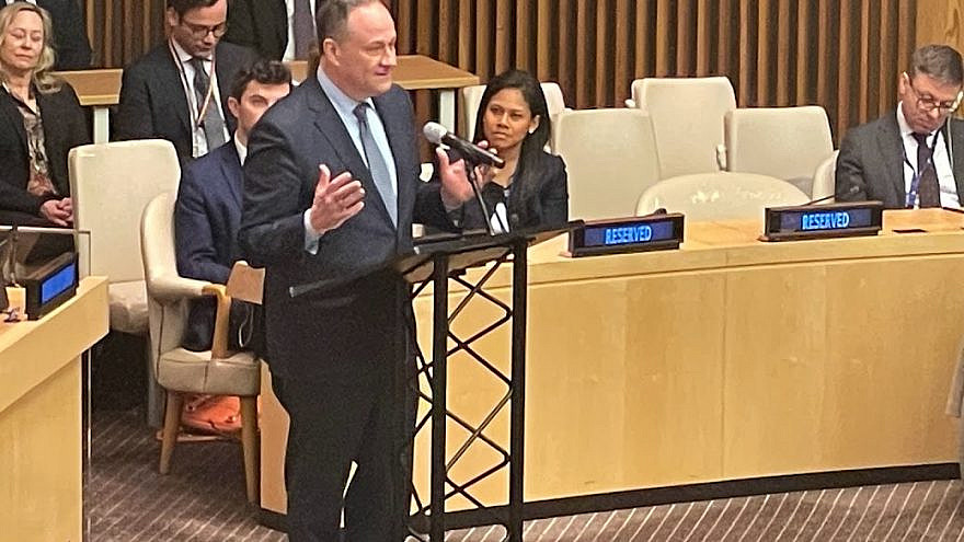 Second Gentleman Doug Emhoff addresses a U.N. event on antisemitism on Feb. 9, 2023 in New York City. Source: JNS.