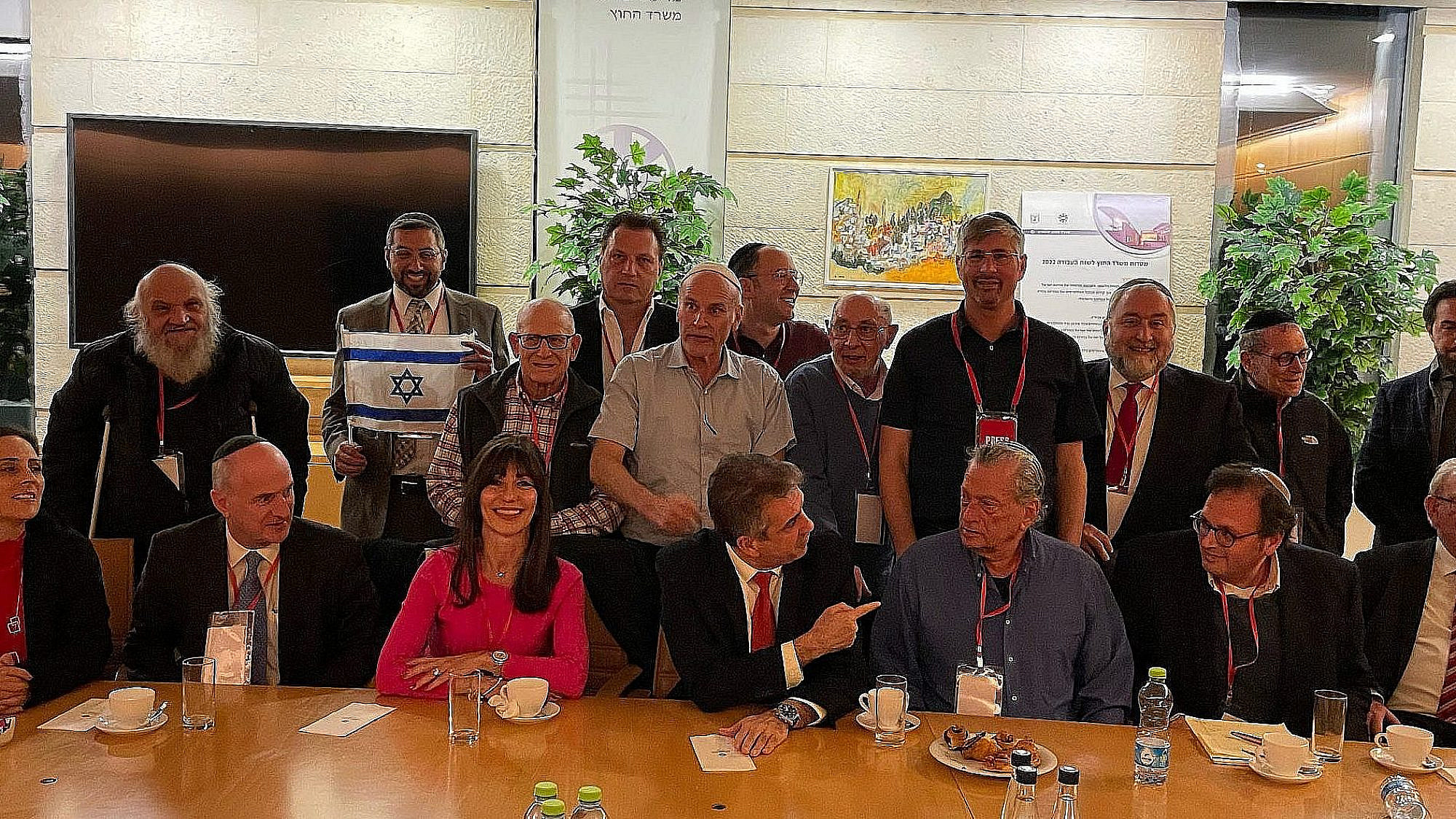 Israeli Foreign Minister Eli Cohen (seated, center) meets with a delegation of Likud Anglos at the Foreign Ministry in Jerusalem, Feb. 23, 2023. Credit: Judith Segaloff.