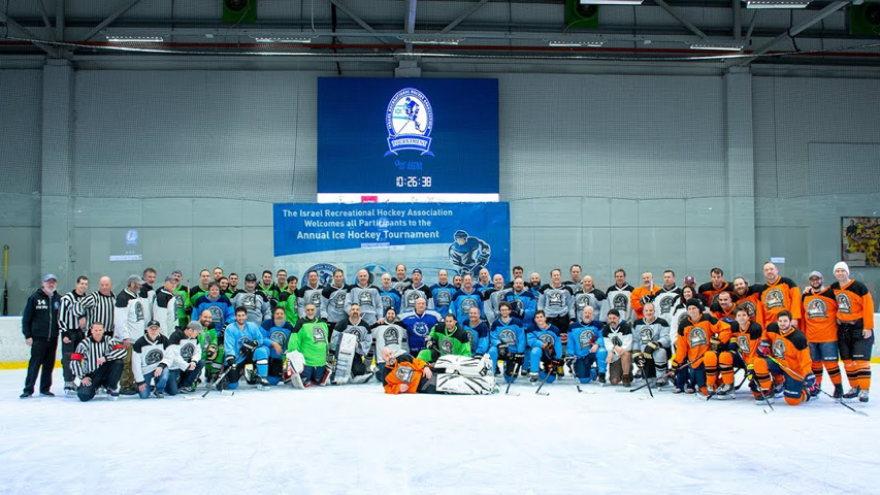 Seventy-five ice hockey players from the United States, Canada, Europe and Israel compete in the 12th annual Israel Recreational Hockey Association Tournament, Feb. 9, 2023. Photo by Rafi Kaduri.