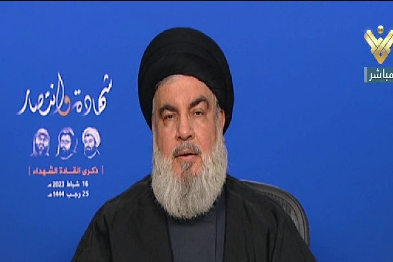 Hezbollah Secretary-General Hassan Nasrallah delivers an address, Feb. 16, 2023. Credit: Al-Manar TV via MEMRI.
