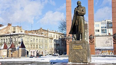 A monument to Nazi sympathizer Stepan Bandera, hailed as a national hero of Ukraine, in Lviv, Ukraine. Credit: Shutterstock.