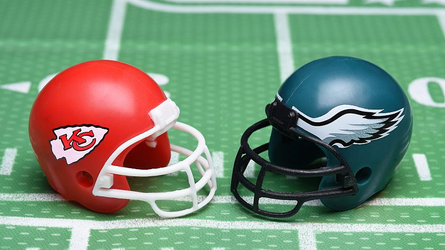 Football helmets of the Kansas City Chiefs and Philadelphia Eagles, opponents in Super Bowl LVII on Feb. 12, 2023. Credit: Shutterstock.
