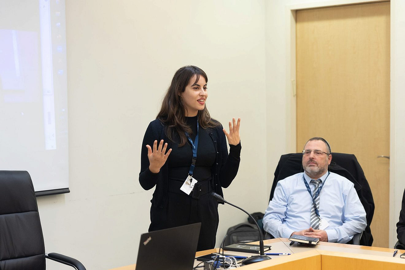 Camille Padet, scientific cooperation officer at the French Embassy in Israel, and Yehoshua Socol, organizer of the conference and a lecturer in the Department of Electronics, at the Jerusalem College of Technology in February 2023. Photo by Michael Erenburg.