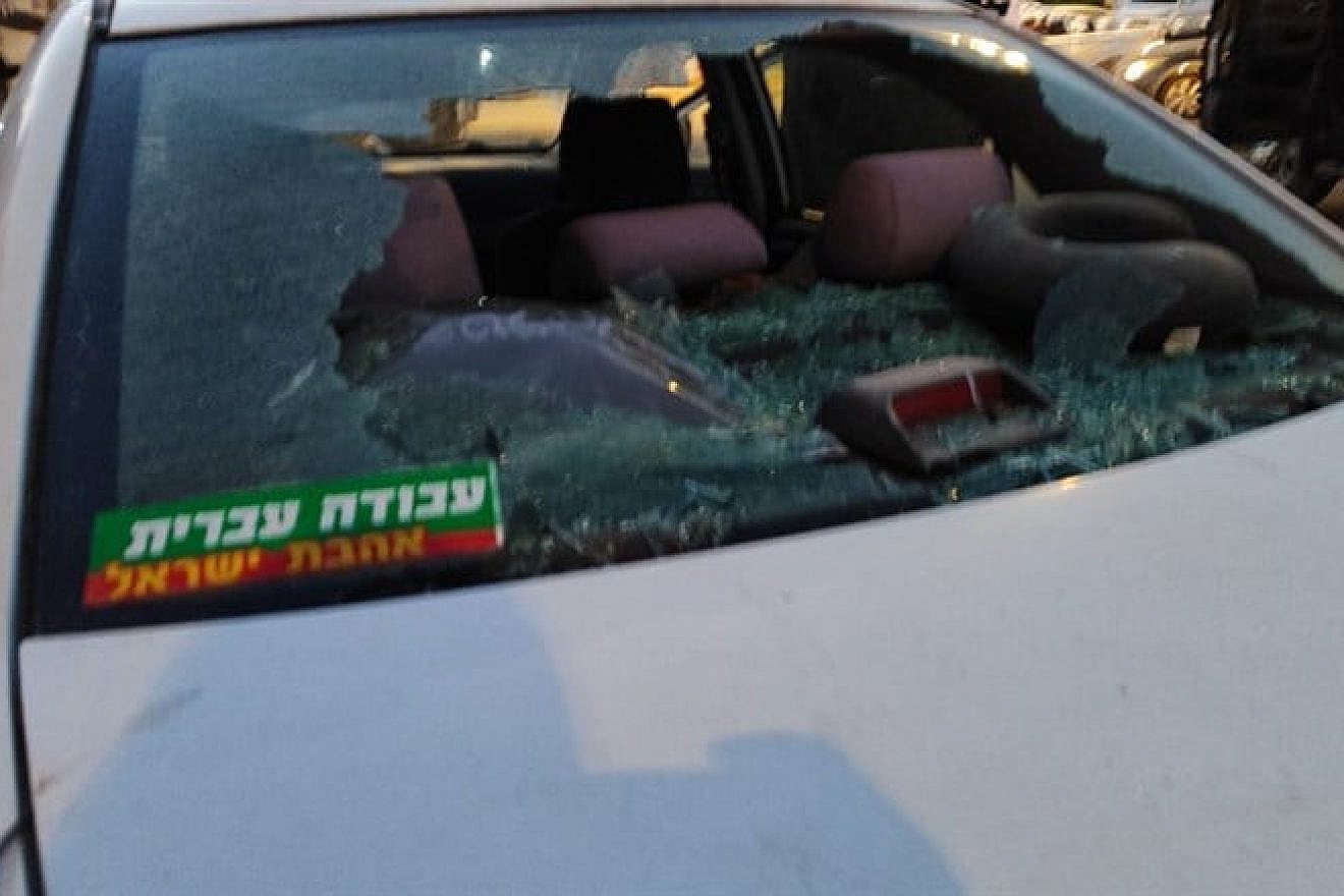 One of the cars hit by stones in Huwara, near Nablus, on the evening of March 27, 2023. Courtesy.