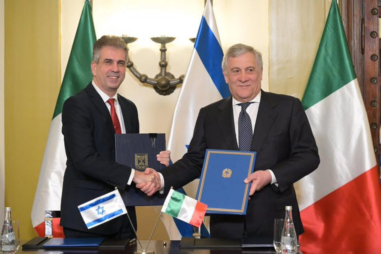 Israeli Foreign Minister Eli Cohen (left) meets with Italian Foreign Minister
Antonio Tajani in Jerusalem, March 13, 2023. Source: Eli Cohen/Twitter.