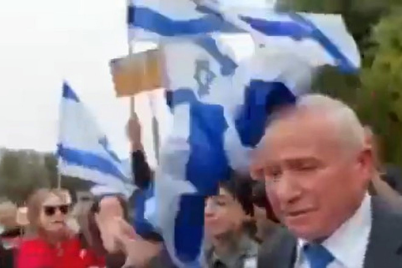 Israeli Agriculture Minister Avi Dichter is hit on the head with a flag during a protest against the government's judicial reform program, March 23, 2023. Source: Screenshot.