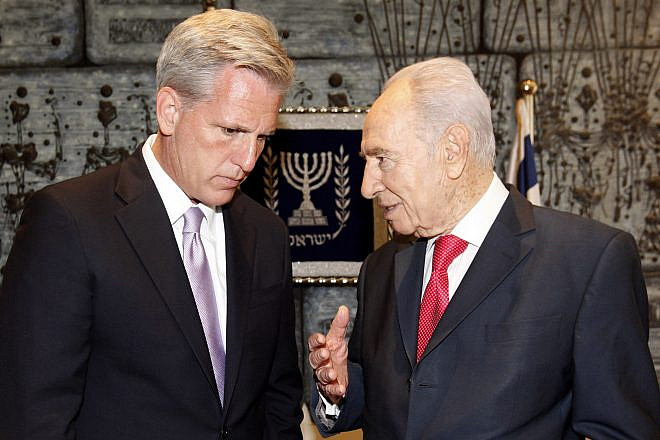 Then-Majority Whip of the U.S. House of Representatives Kevin McCarthy (left) meets with then-Israeli President Shimon Peres at the president's house in Jerusalem on Aug. 17, 2011. Photo by Miriam Alster/Flash90.