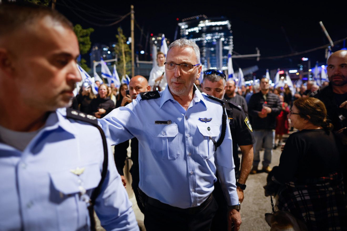 Tel Aviv District Police Commander Amichai Eshed oversees a protest against the Israeli government's planned judicial reform in Tel Aviv on March 11, 2023. Photo by Erik Marmor/Flash90.