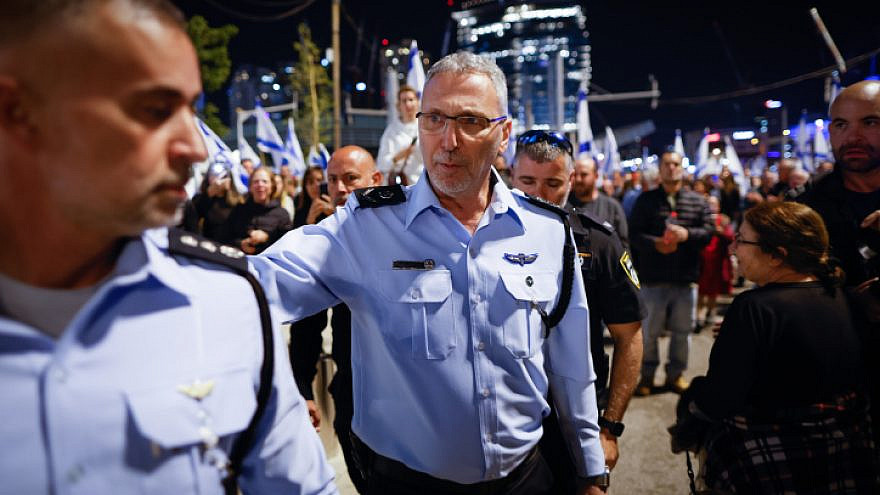 Tel Aviv District Police Commander Amichai Eshed oversees a protest against the Israeli government's planned judicial reform in Tel Aviv on March 11, 2023. Photo by Erik Marmor/Flash90.