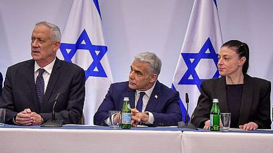 From left: Opposition party leaders Benny Gantz of National Unity, Yair Lapid of Yesh Atid and Merav Michaeli of Labor at a joint press conference in Tel Aviv on judicial reform, March 16, 2023. Photo by Avshalom Sassoni/Flash90.