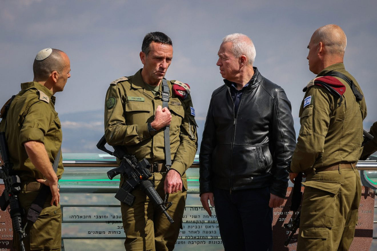 IDF Chief of Staff Lt. Gen. Herzi Halevi (second from left) and Defense Minister Yoav Gallant near the border with Lebanon, March 16, 2023. Photo by David Cohen/Flash90.