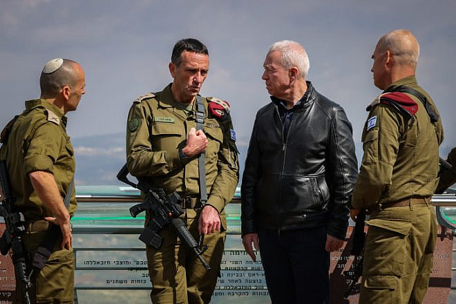 IDF Chief of Staff Lt. Gen. Herzi Halevi (second from left) and Defense Minister Yoav Gallant near the border with Lebanon, March 16, 2023. Photo by David Cohen/Flash90.