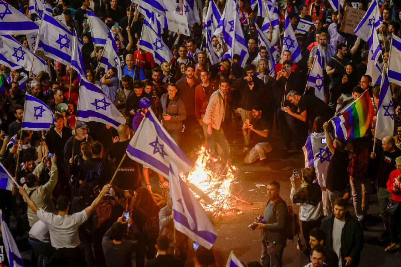 Israelis protest against the Israeli government's planned judicial overhaul in Tel Aviv on March 25, 2023. Photo by Erik Marmor/Flash90.