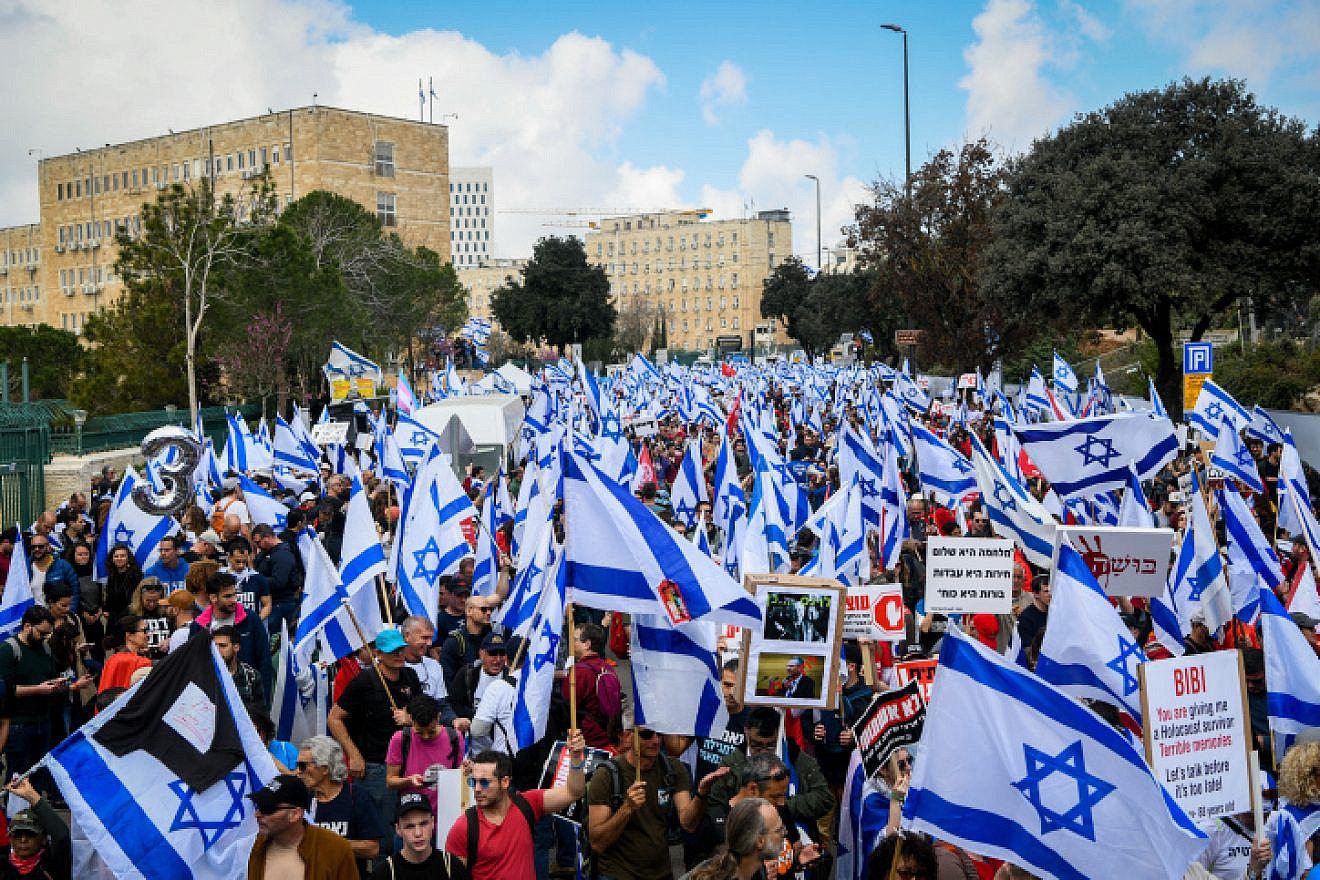 Israelis protest outside the Knesset in Jerusalem against the government's planned judicial overhaul, March 27, 2023. Photo by Arie Leib Abrams/Flash90.