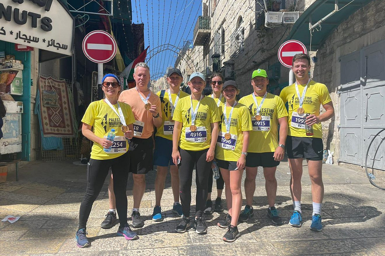British diplomats participate in the "Palestine Marathon" wearing t-shirts featuring a map of “Palestine” extending from the Jordan River to the Mediterranean Sea, effectively wiping out Israel, March 10, 2023. Source: Twitter.
