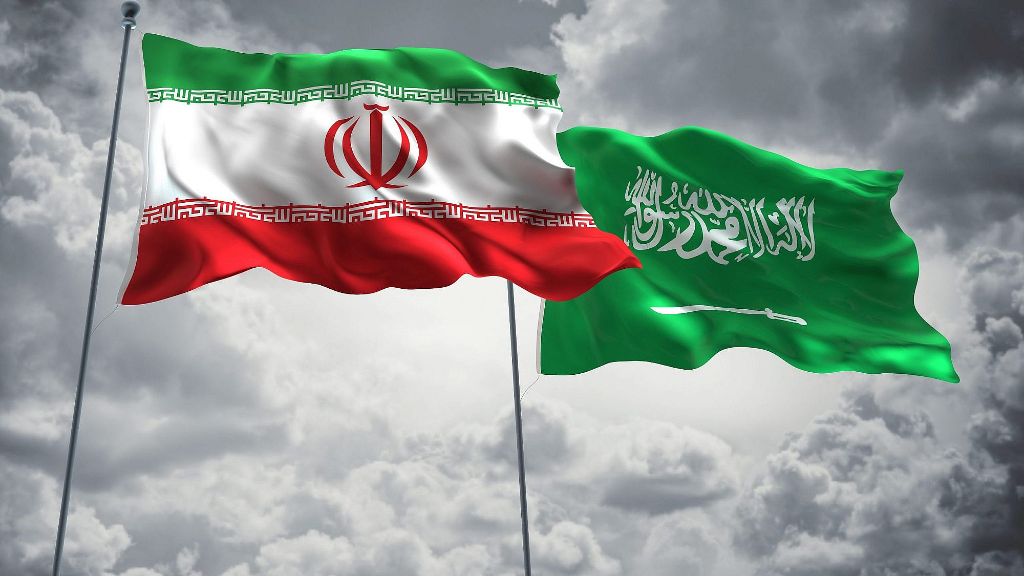 The flags of Iran and Saudi Arabia. Credit: FreshStock/Shutterstock.