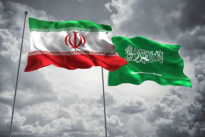 The flags of Iran and Saudi Arabia. Credit: FreshStock/Shutterstock.