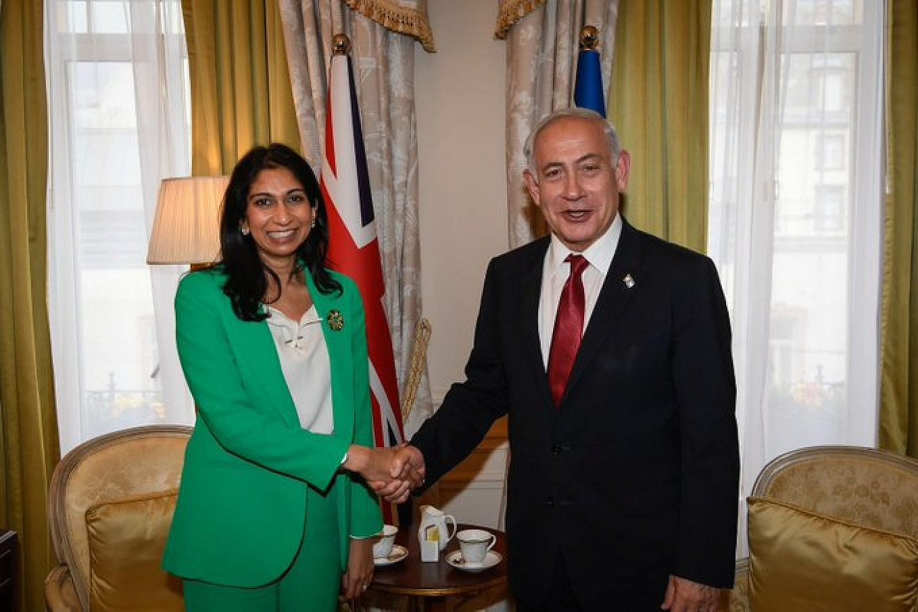 Then-British Home Secretary Suella Braverman with Israeli Prime Minister Benjamin Netanyahu in London, March 24, 2023. Source: Twitter/Suella Braverman.