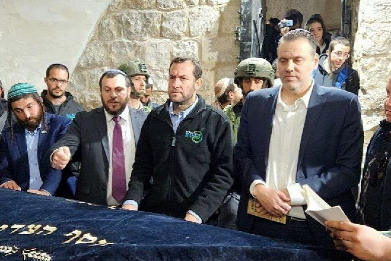 Knesset member Zvi Sukkot, Heritage Minister Amichai Eliyahu, Minister of Culture and Sport Miki Zohar and Samaria Regional Council head Yossi Dagan at Joseph's Tomb in Nablus, March 15, 2023. Credit: Samaria Regional Council.