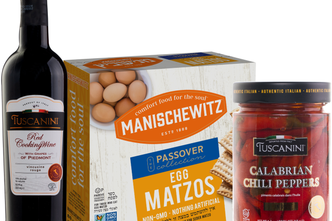 Items to enjoy this Passover include Kayco Kosher Manischewitz Egg Matzo, Tuscanini Calabrian Chili Peppers and Tuscanini Red Cooking Wine. Credit: Courtesy.