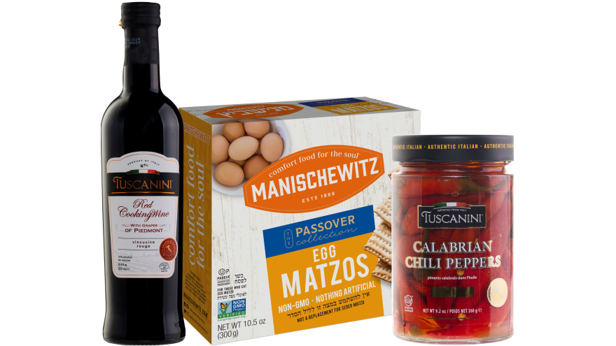 Items to enjoy this Passover include Kayco Kosher Manischewitz Egg Matzo, Tuscanini Calabrian Chili Peppers and Tuscanini Red Cooking Wine. Credit: Courtesy.