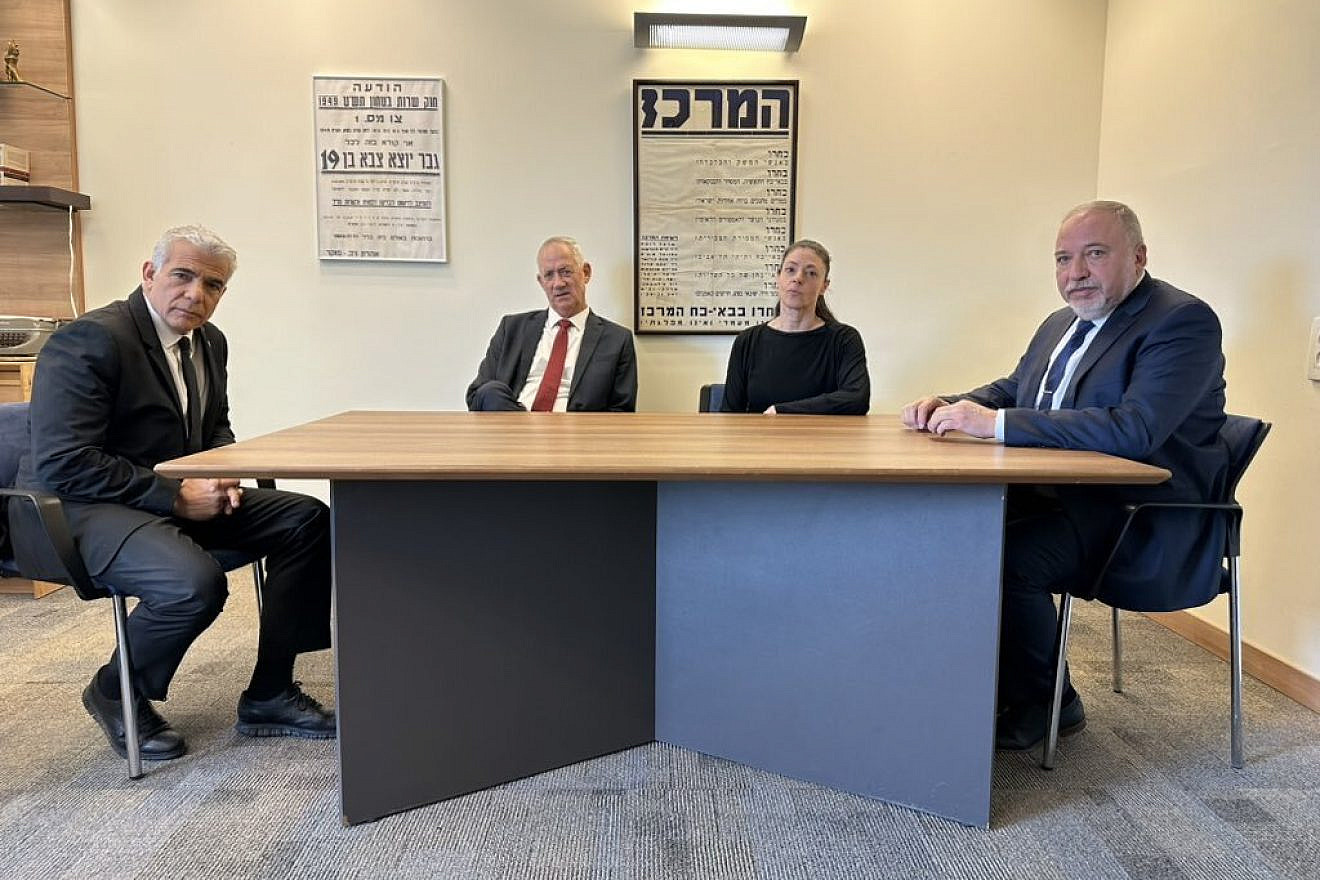 From left: Yesh Atid Chairman Yair Lapid, National Unity leader Benny Gantz, Labor Party leader Merav Michaeli and Yisrael Beiteinu chief Avigdor Lieberman meet to discuss strategy, March 13, 2023. Source: Yair Lapid/Twitter.