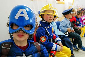 Kids dress up for Purim at a school in Katzrin in the Golan Heights, March 5, 2023. Photo by Michael Giladi/Flash90.