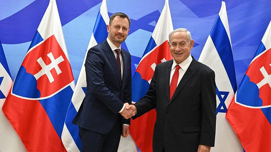 Israeli Prime Minister Benjamin Netanyahu meets with his Slovakian counterpart Eduard Heger in Jerusalem, Israel, March 5, 2023. Credit: Kobi Gideon/GPO.