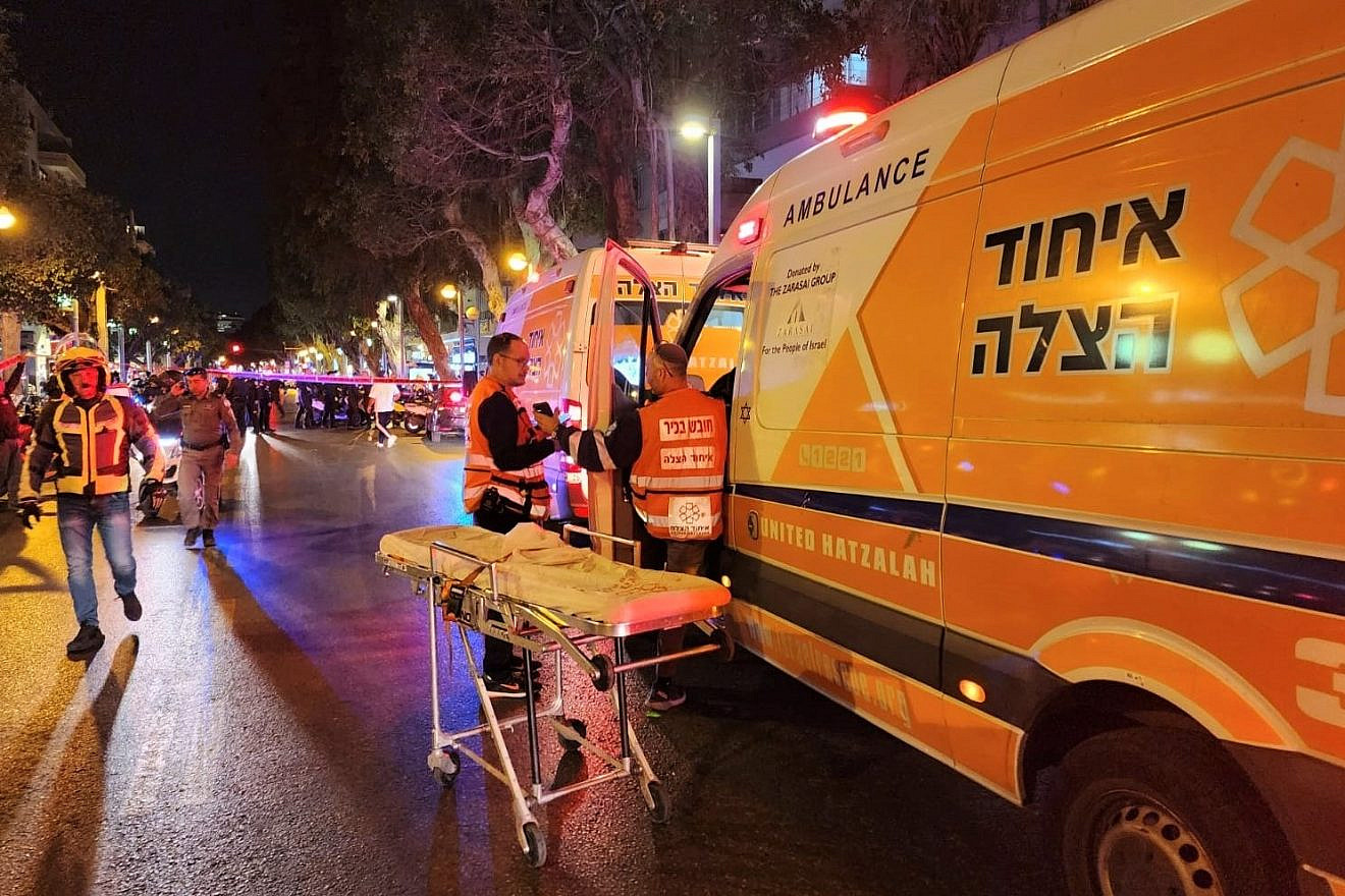 The scene of a shooting attack on Dizengoff Street in Tel Aviv on March 9, 2023. Credit: United Hatzalah.