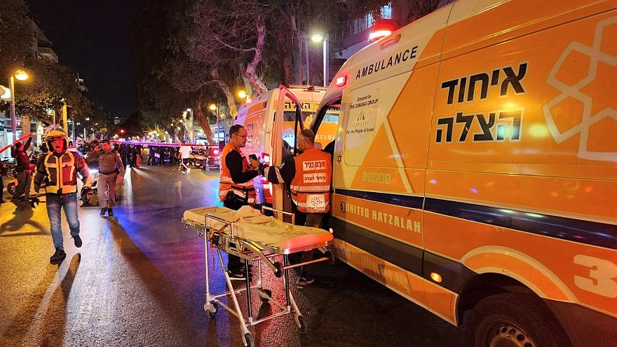 The scene of a shooting attack on Dizengoff Street in Tel Aviv on March 9, 2023. Credit: United Hatzalah.