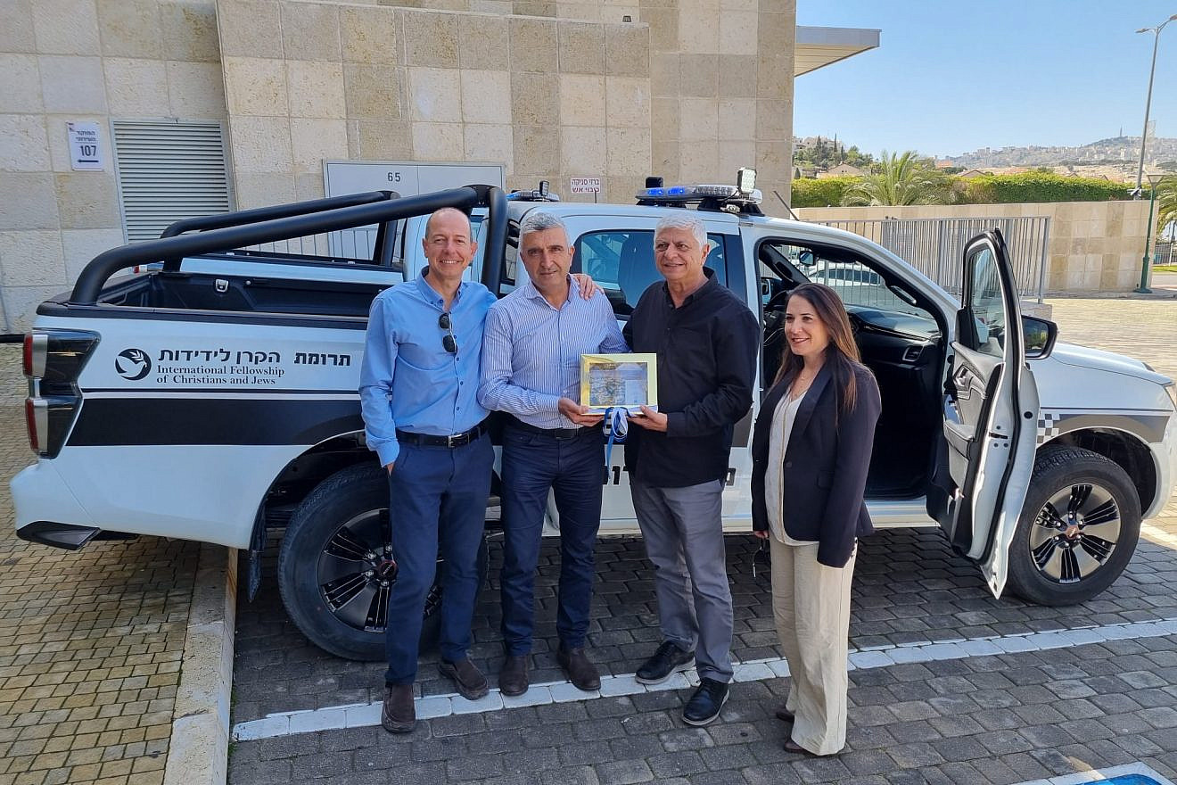 The International Fellowship of Christians and Jews (IFCJ) donates an $80,000 security vehicle to the Israeli municipality of Maale Adumim, March 2023. Credit: IFCJ.