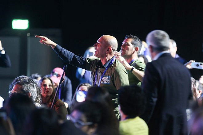 Anti-judicial reform protesters interrupt Knesset member Simcha Rothman during a panel on the Law of Return in Tel Aviv on April 24, 2023. Credit: Courtesy of the Jewish Federations of North America.