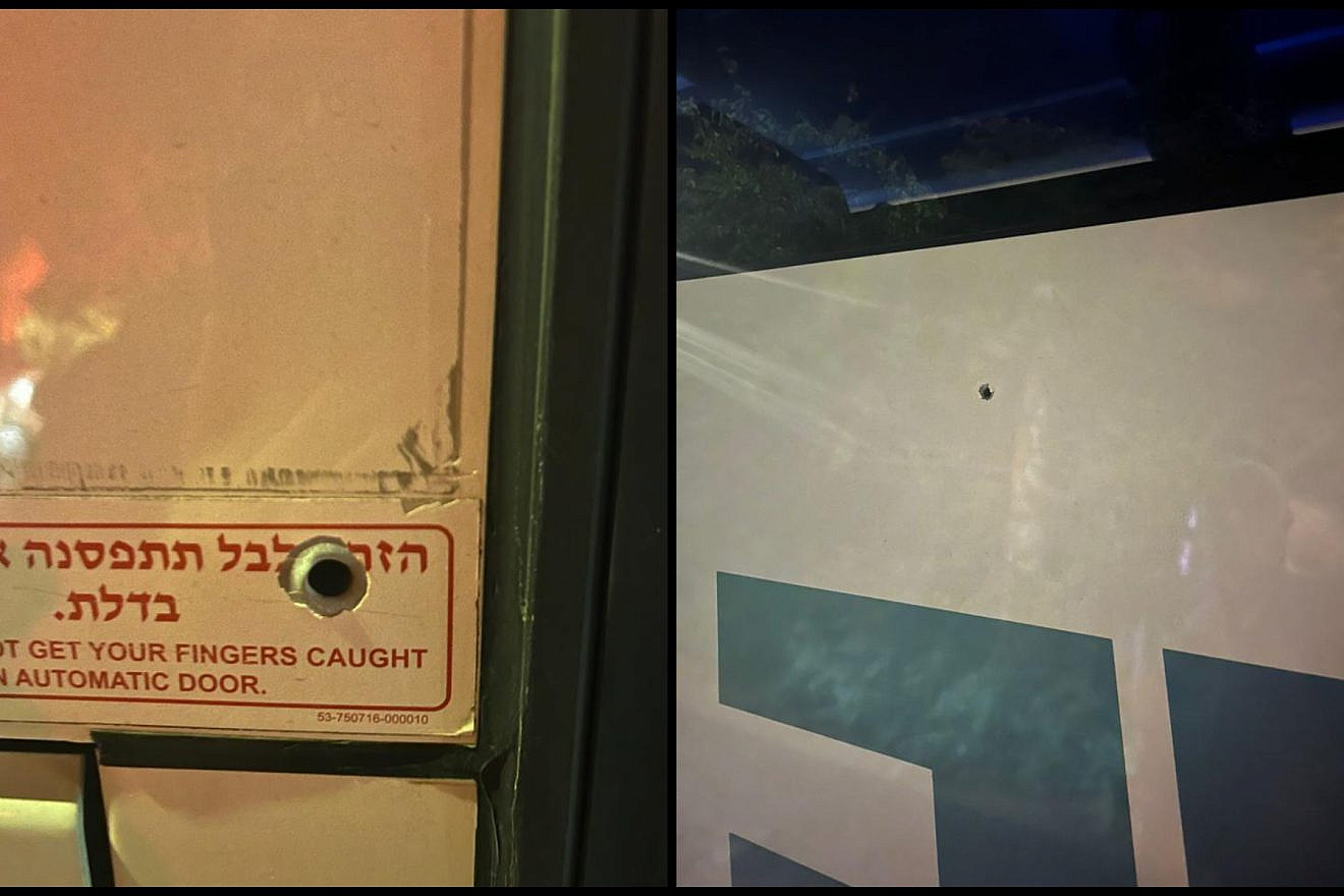 Terrorists shot at this bus carrying Israeli civilians in Samaria, April 19, 2023. Credit: Samaria Regional Council.