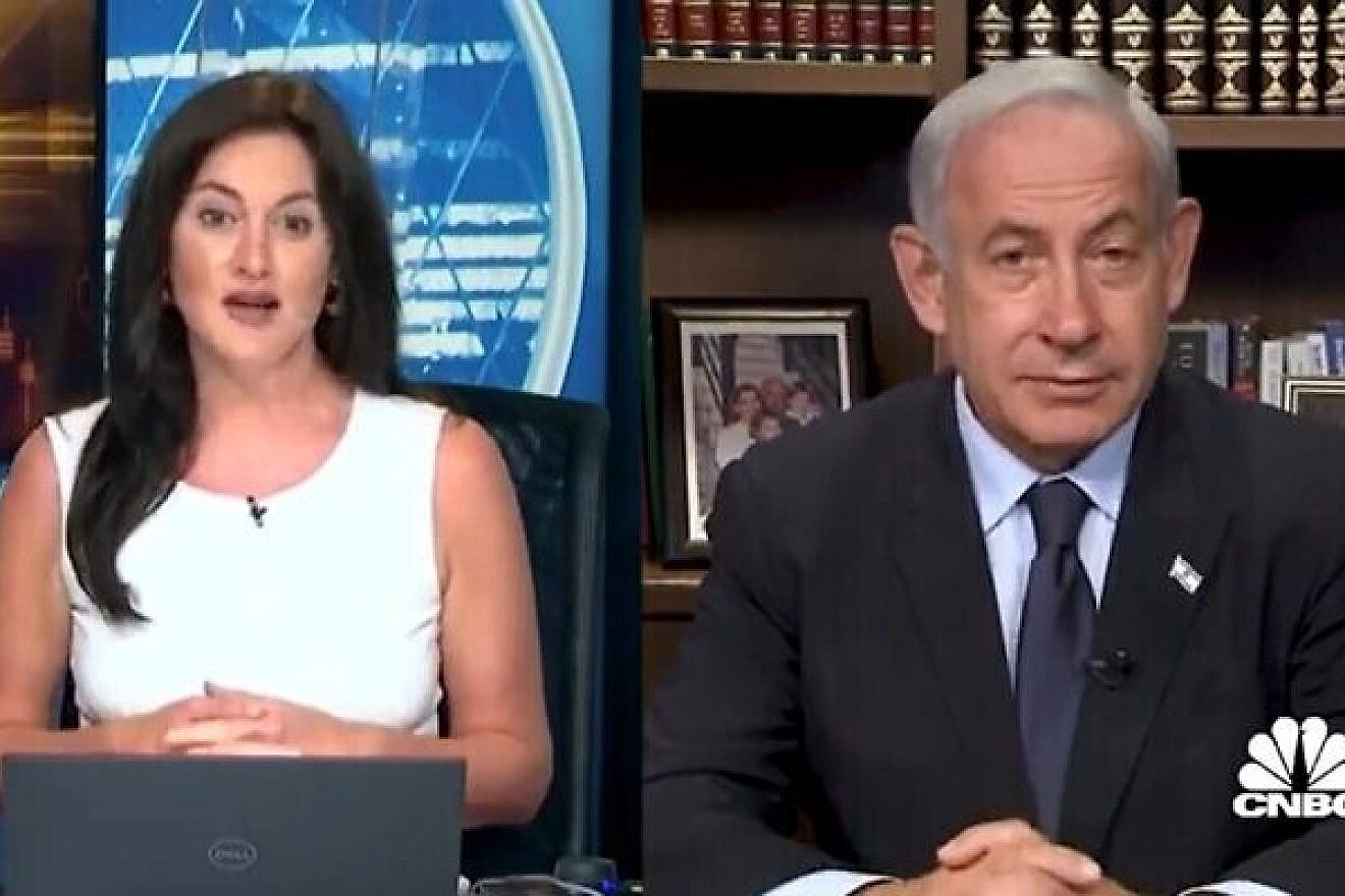 Prime Minister Benjamin Netanyahu speaks with CNBC's Hadley Gamble, April 19, 2023. Screenshot.