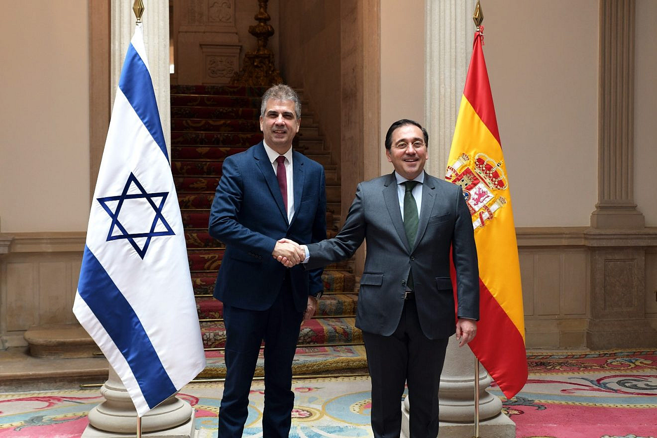 Israeli Foreign Minister Eli Cohen meets in Madrid with his Spanish counterpart José Manuel Albares, April 27, 2023. Credit: Israeli Foreign Ministry.