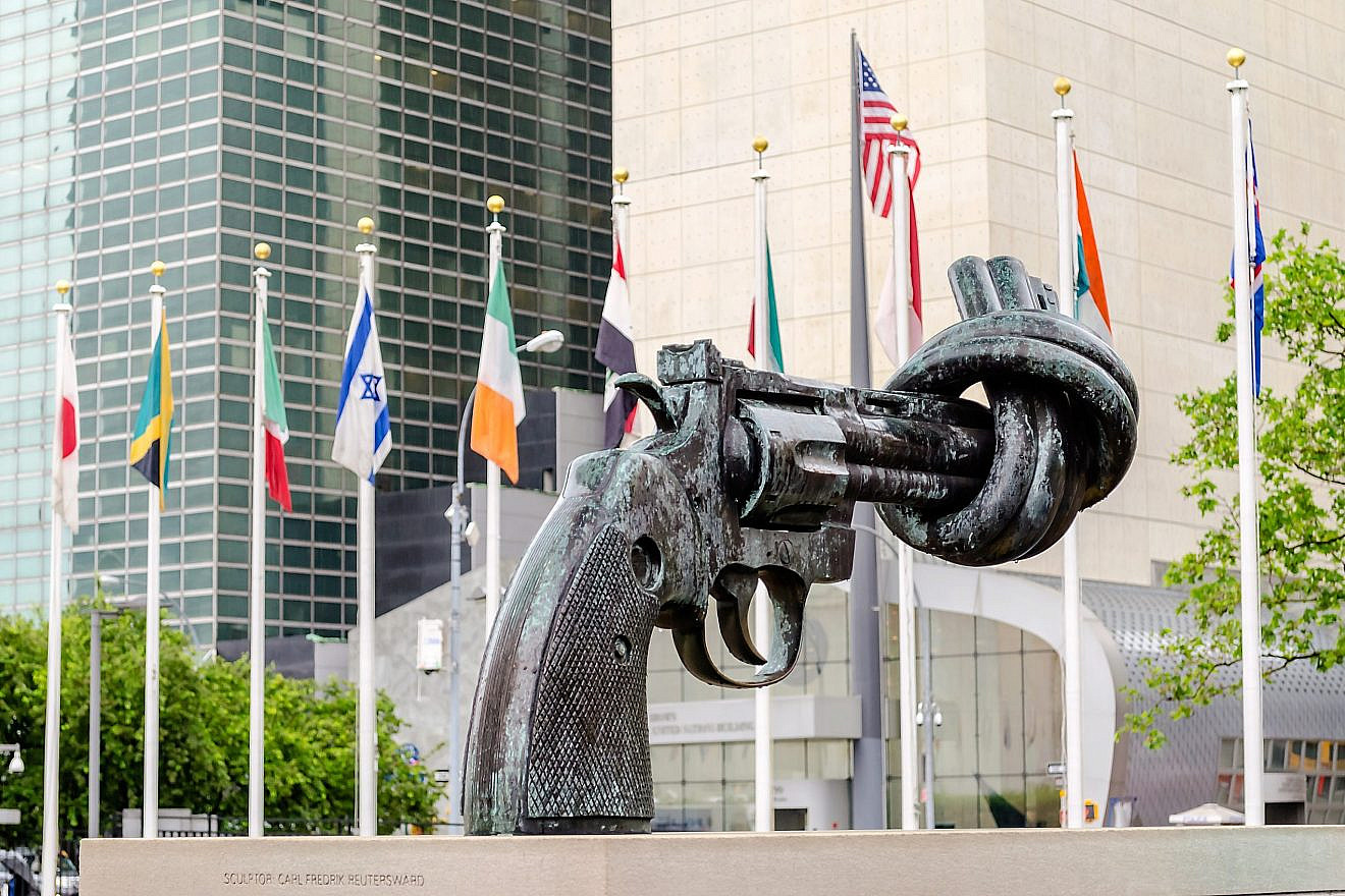 “Non-Violence Sculpture” by Carl Fredrik Reuterswärd at the headquarters of the United Nations in New York City, a gift from the Government of Luxembourg. Credit: Marco Rubino/Shutterstock.