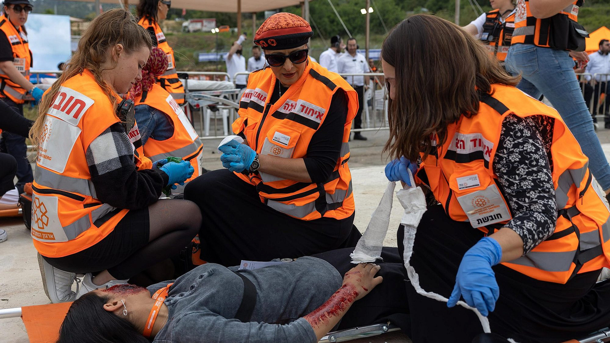 United Hatzalah women volunteers treat a “victim” in a simulation of a mass-casualty training event in April 2023. Credit: Courtesy.