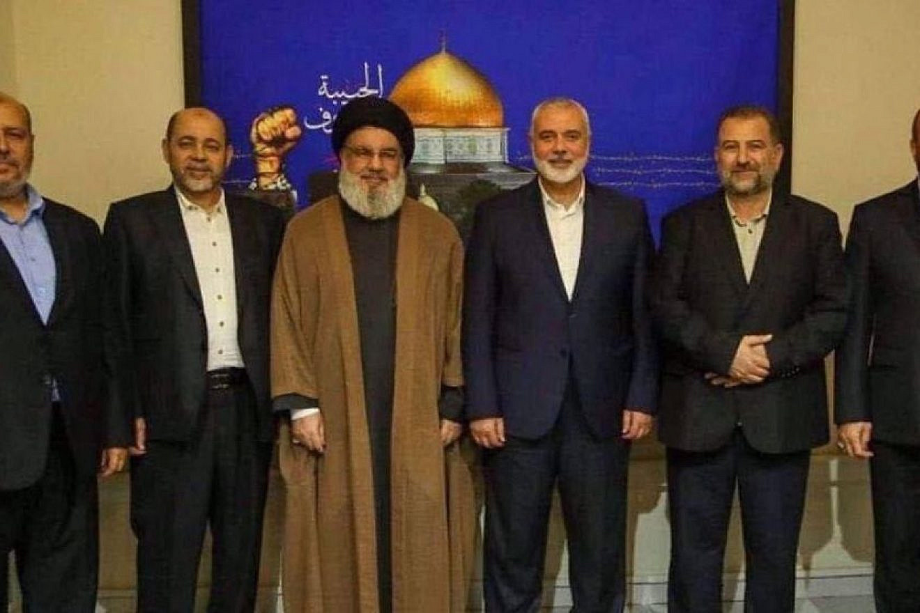 Hezbollah Secretary General Hassan Nasrallah (third from left) meets with a delegation of senior Hamas officials in Beirut, April 6, 2023. Source: Twitter.