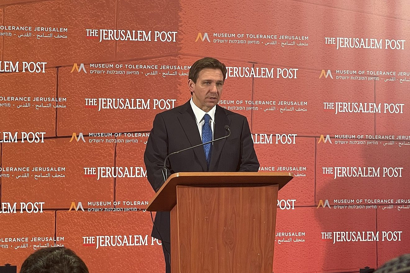 Florida Gov. Ron DeSantis addresses a conference in Israel organized by The Jerusalem Post and the Simon Wiesenthal Center's Museum of Tolerance, April 27, 2023. Credit: TPS.