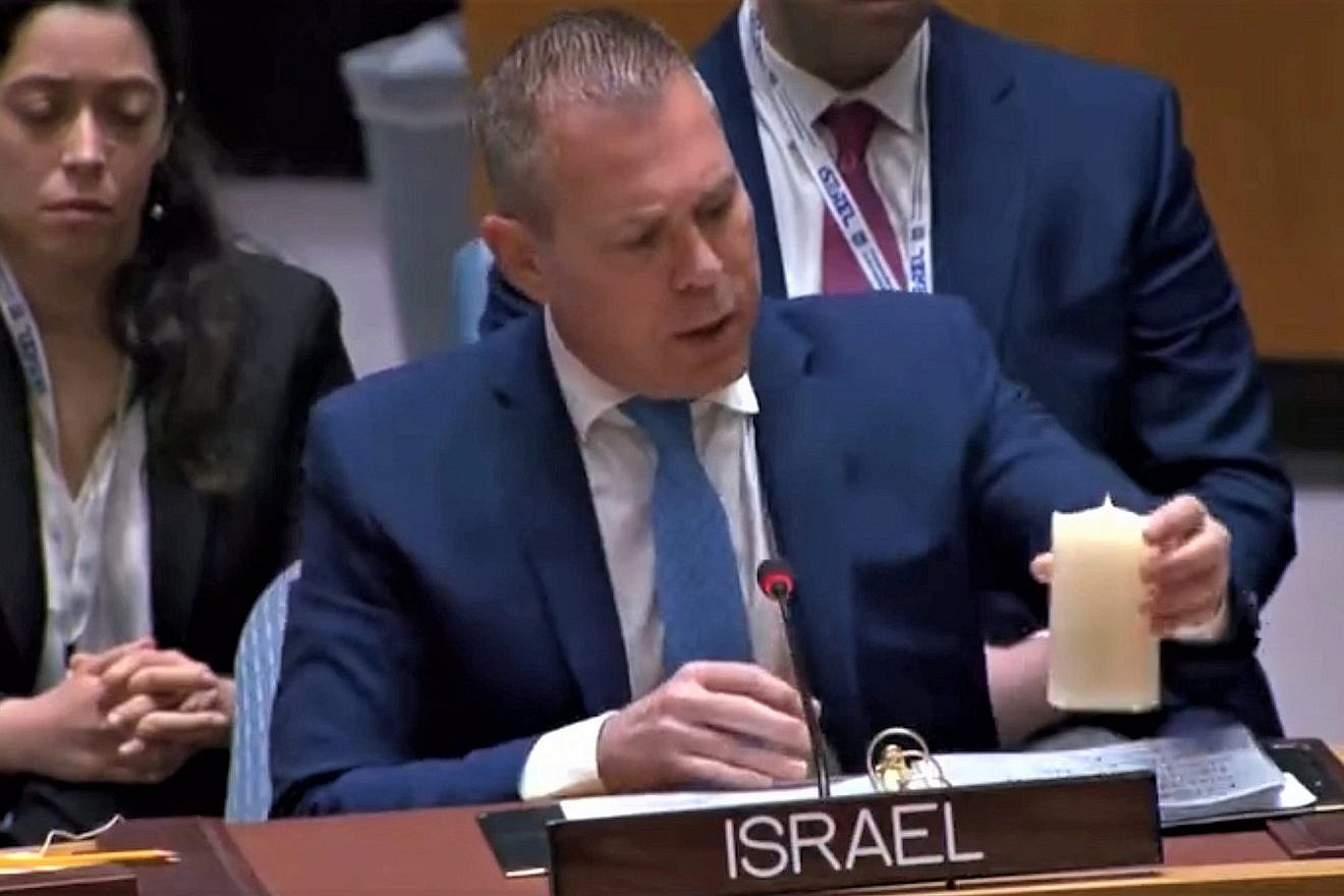 Israeli Ambassador to the United Nations Gilad Erdan lights a memorial candle for Israel's fallen soldiers and those killed in terror attacks at the United Nations in New York on April 25, 2023. Source: Screenshot.