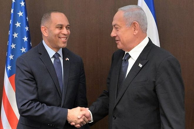Israeli Prime Minister Benjamin Netanyahu and House Minority Leader Hakeem Jeffries (D-N.Y.) in Jerusalem on April 24, 2023. Credit: Amos Ben-Gershom (GPO).