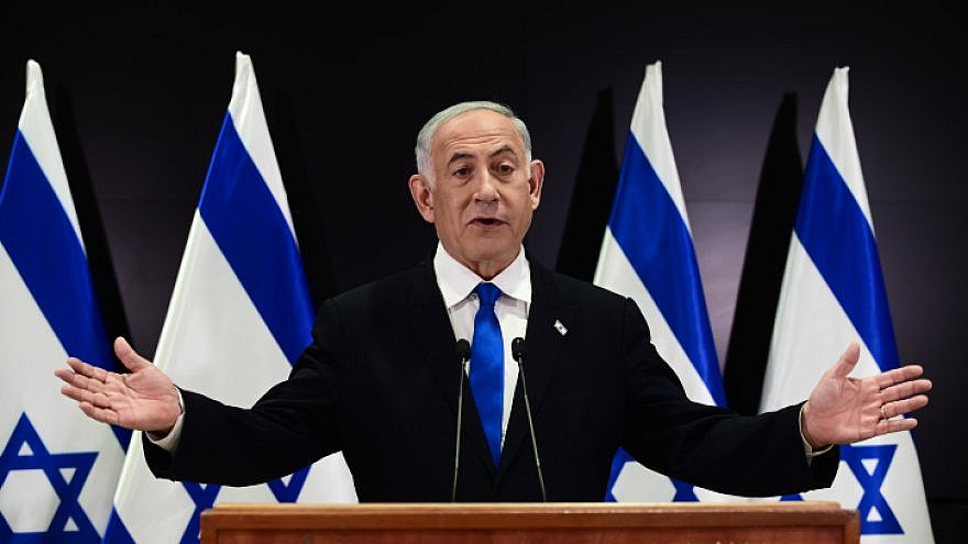 Prime Minister Benjamin Netanyahu holds a press conference at the Ministry of Defense in Tel Aviv, April 10, 2023. Photo by Tomer Neuberg/Flash90.
