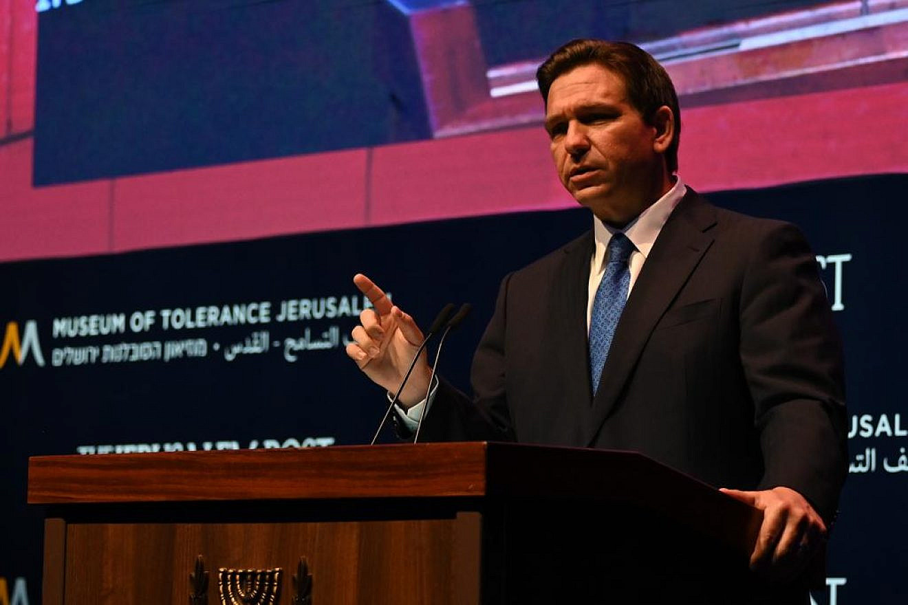 Florida Gov. Ron DeSantis addresses a conference in Israel organized by The Jerusalem Post and the Simon Wiesenthal Center's Museum of Tolerance, April 27, 2023. Credit: TPS.