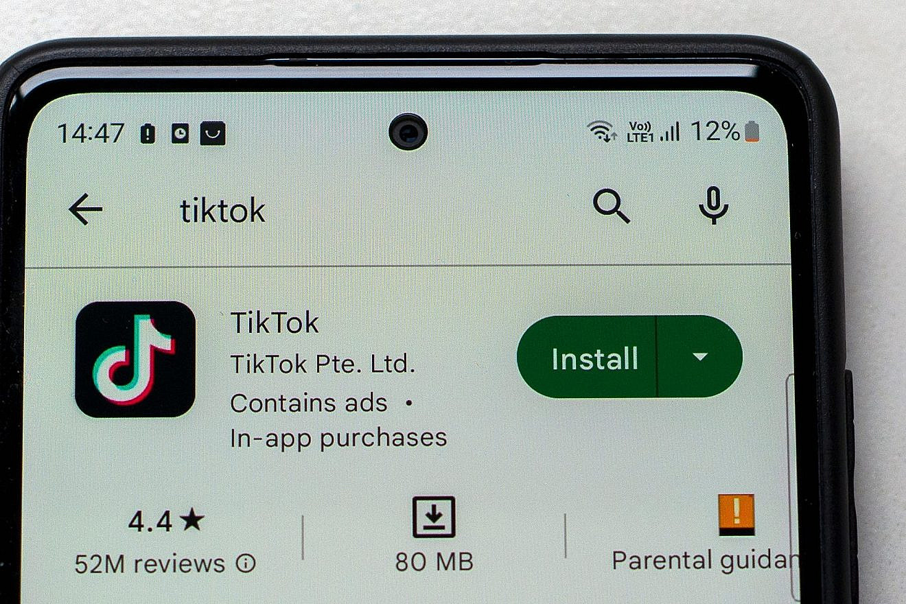 Cell phone with TikTok application in Play Store before installation. Credit: Igal Vaisman/Shutterstock.