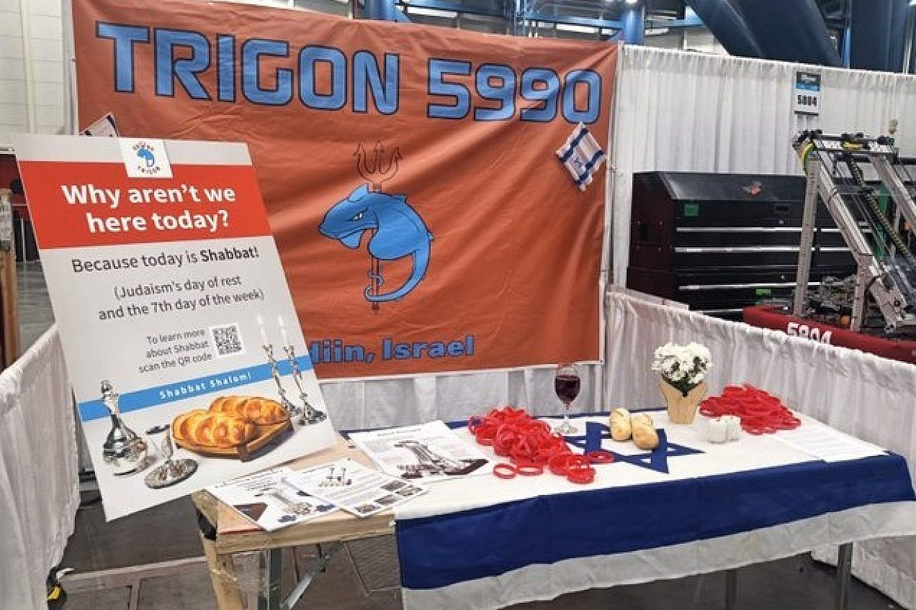 The Trigon 5990 robotics team in Modi’in, Israel, left their booth as is to celebrate Shabbat. Source: Twitter.